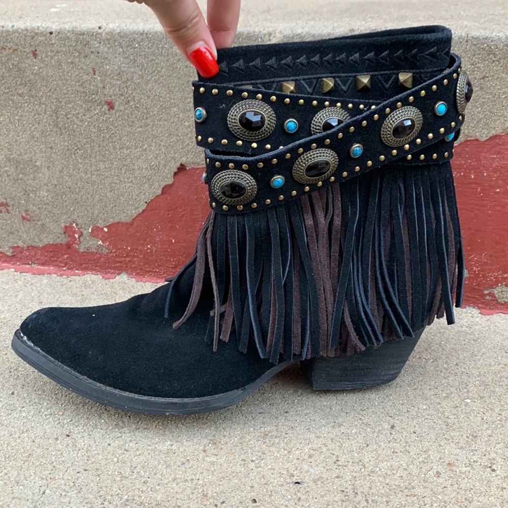 Black Suede Bejeweled Ankle Boots w/ Black & Brown Fringe SZ 7.5
